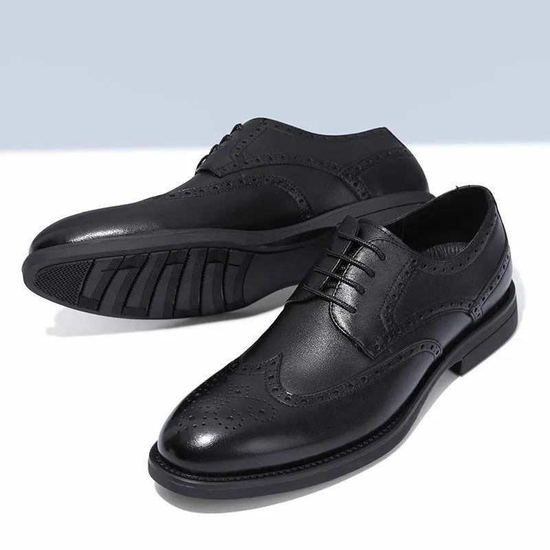 Men's black and brown brogue shoes with business styling and PU leather uppers