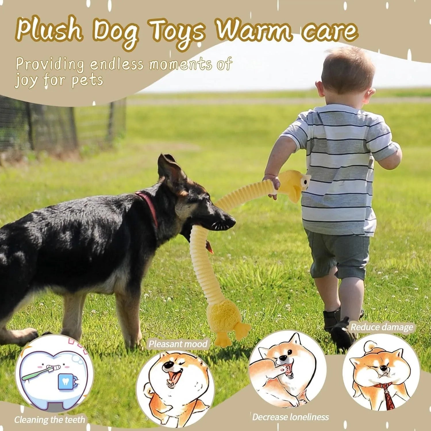 Brown, grey and yellow plush squeaky dog toys with crinkle sounds and foldable design