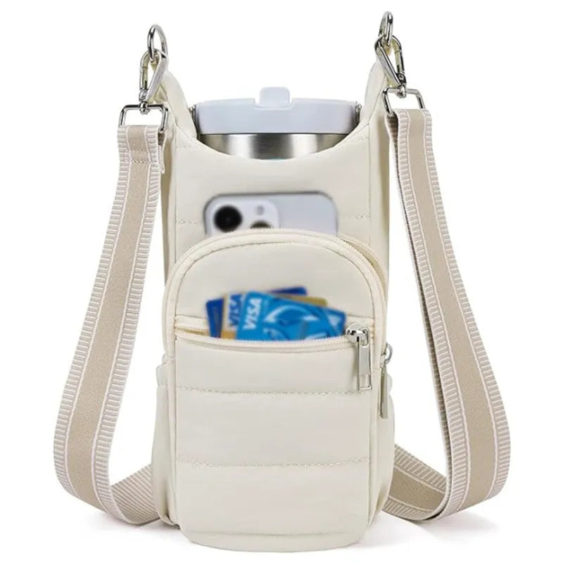 A modern simplicity style cloth water bottle bag for bicycles in a choice of black, pink or beige.
