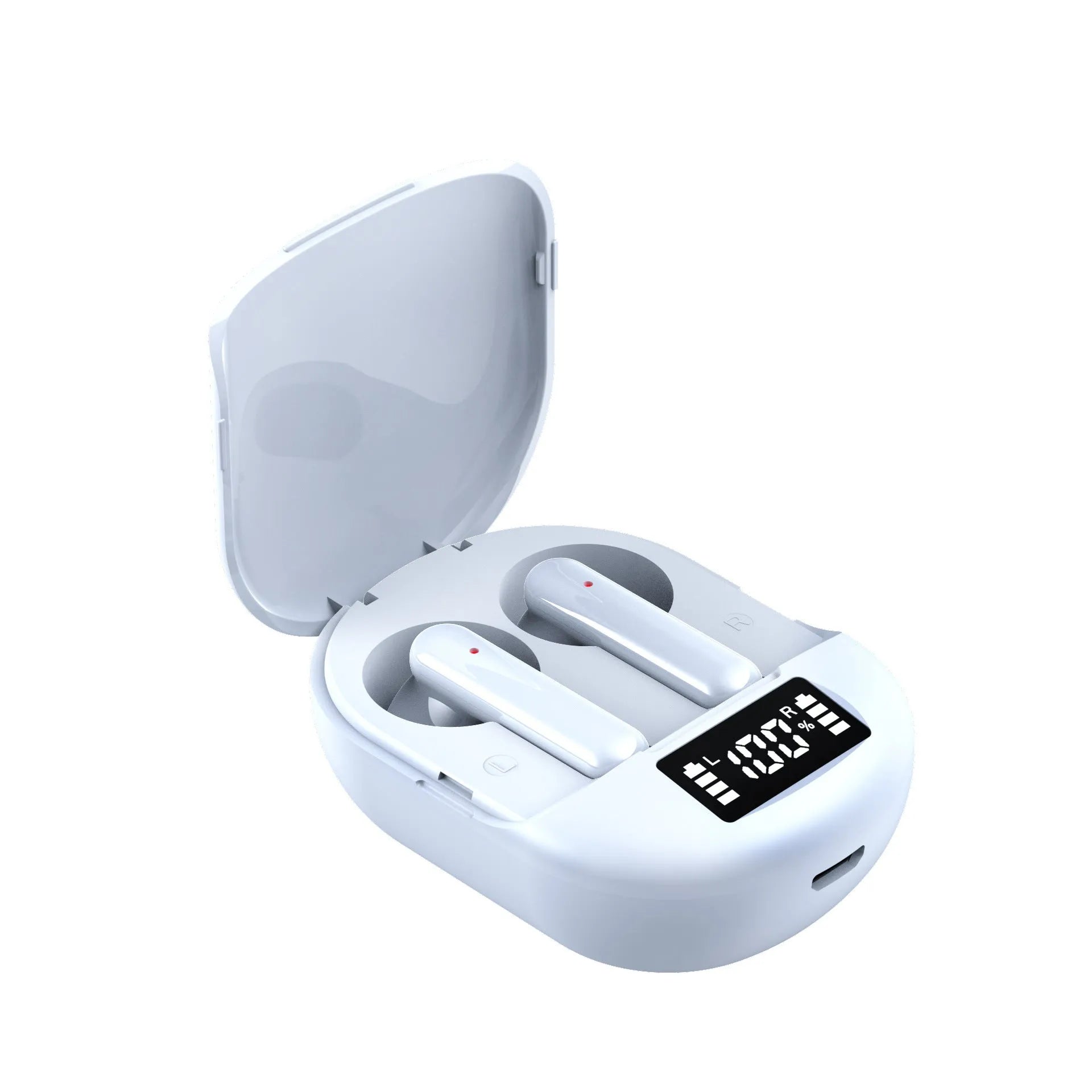 Black and white wireless Bluetooth in-ear headphones with a charging case on a plain background.