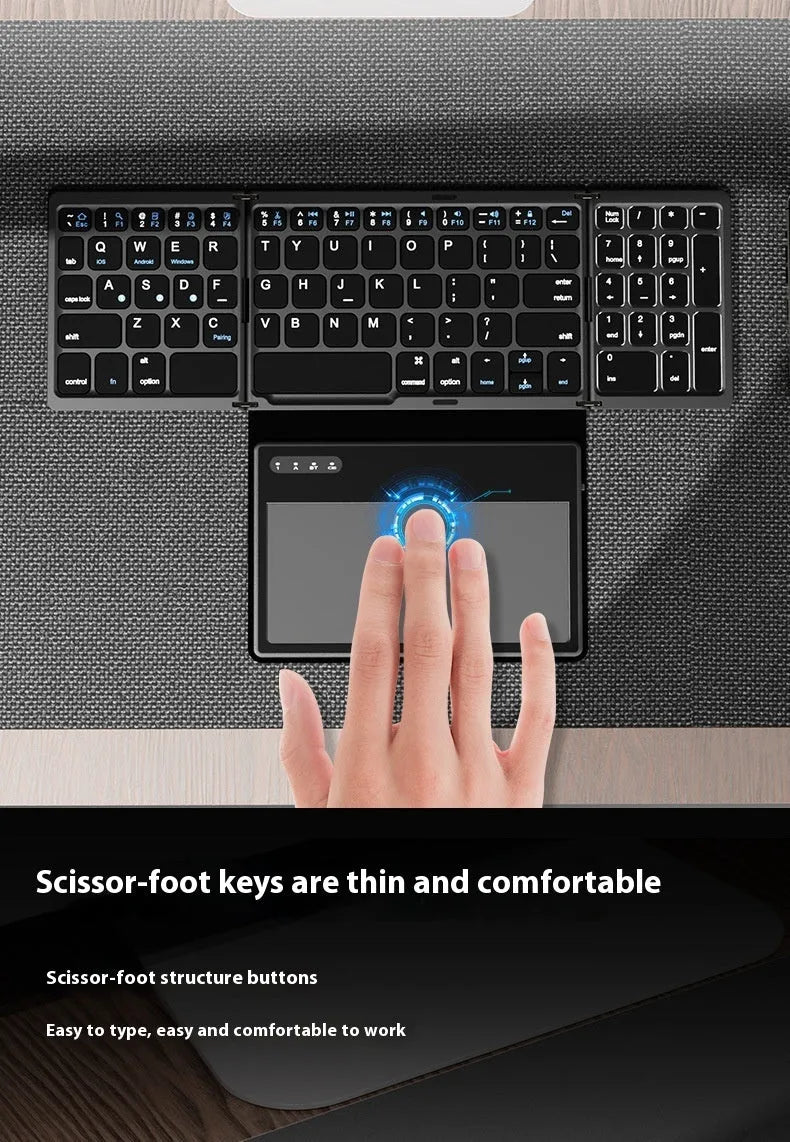 Black leather folding Bluetooth keyboard displayed against white background, folded and unfolded