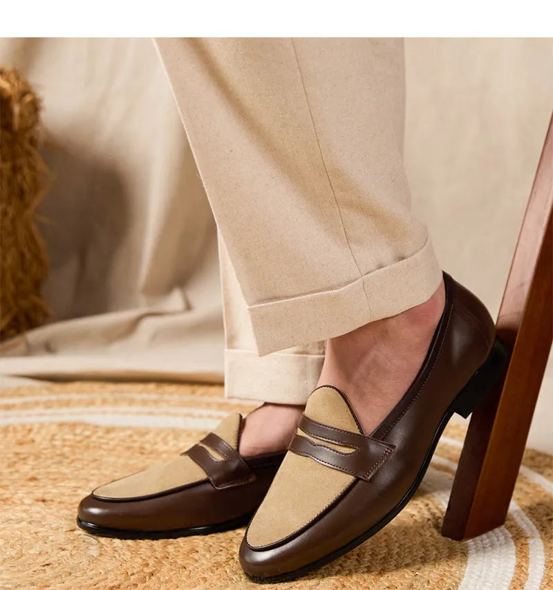 Coffee grey suede leather loafers with slip-on design and rubber sole