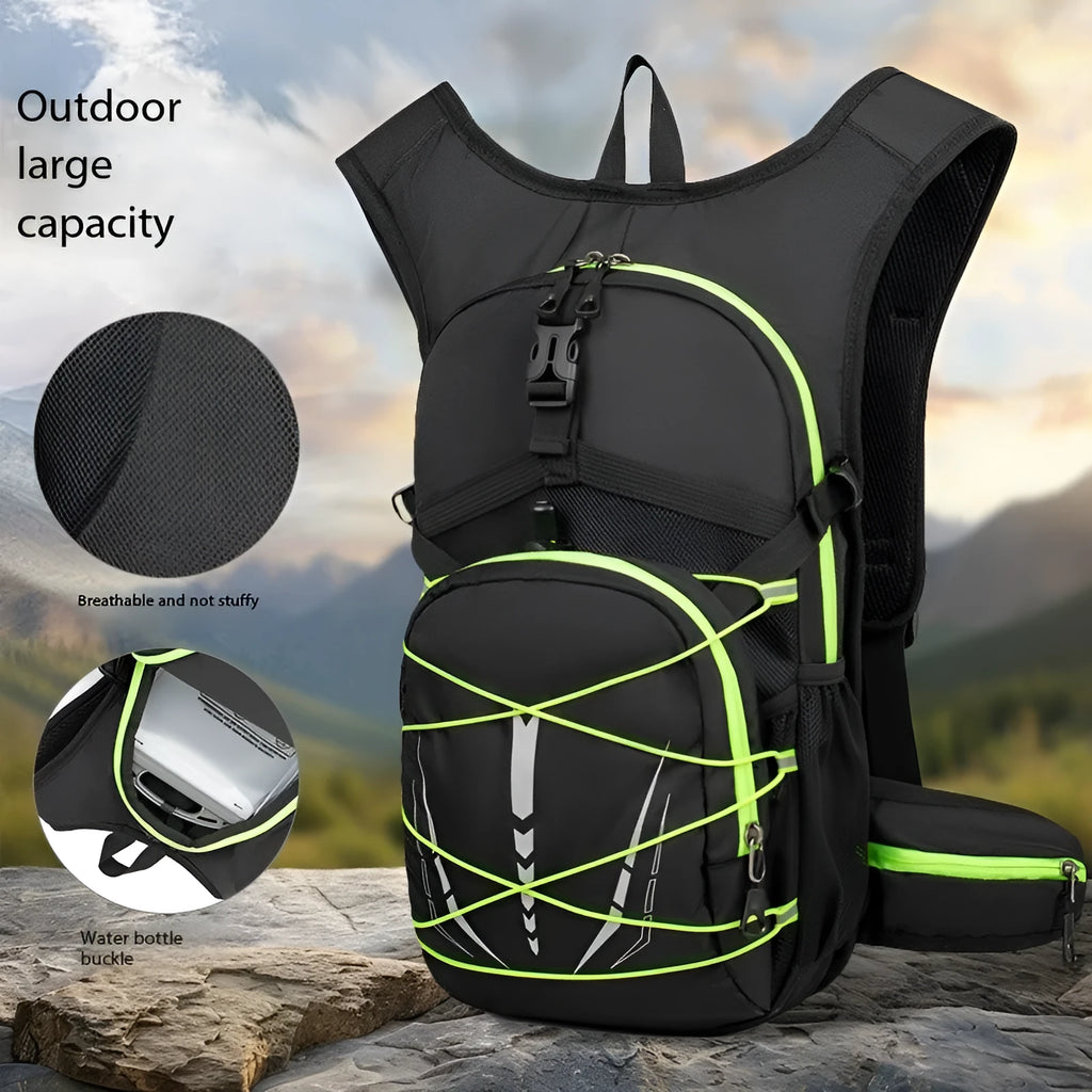 Lightweight hydration backpack with breathable mesh and reflective details for outdoor sports