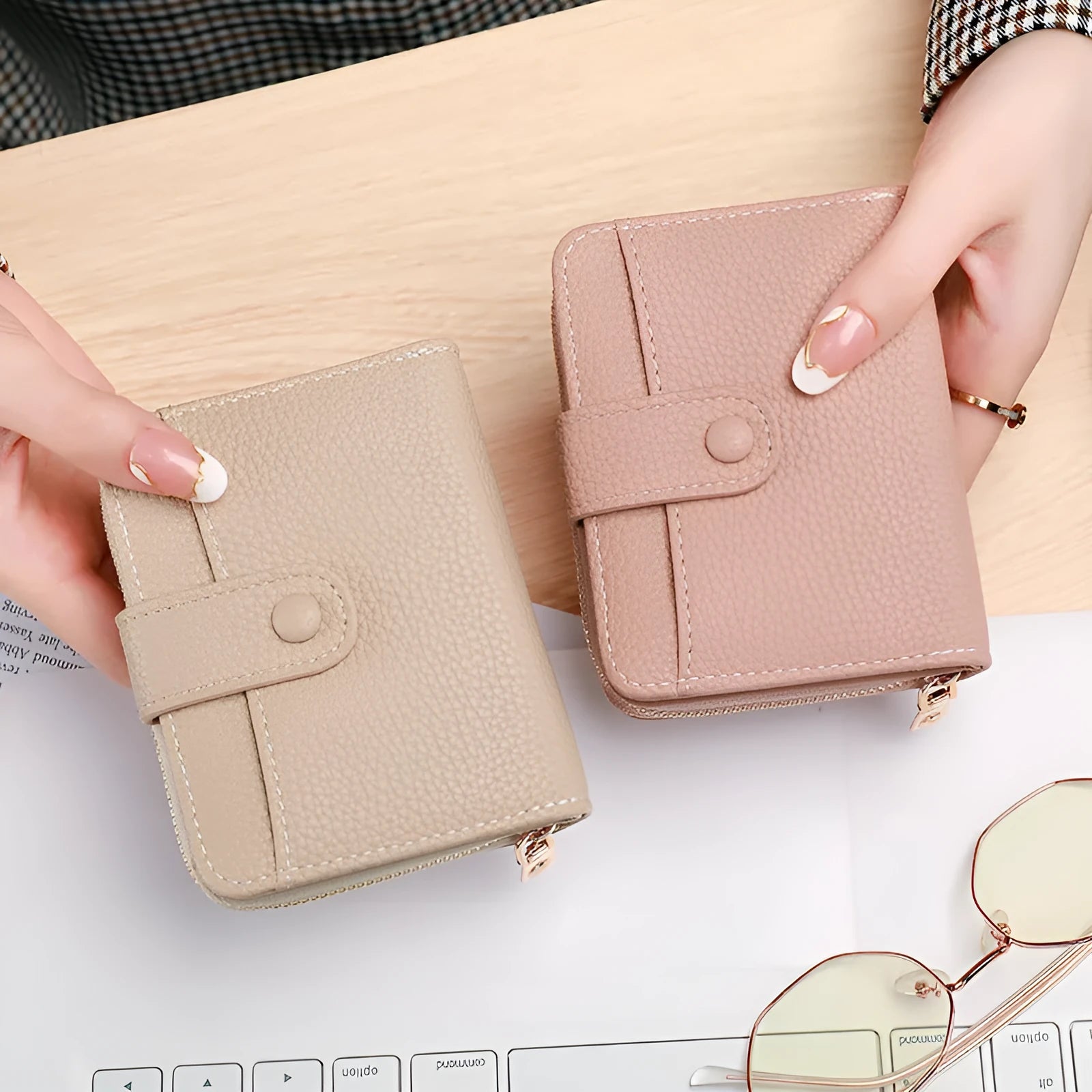 Women's lychee pattern organ short wallet in beige, pink, black, or red solid colour