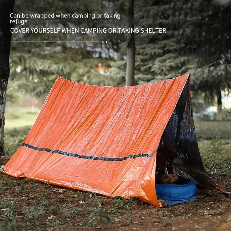 Portable disaster relief tent with emergency blanket and sleeping bag options orange and green colours