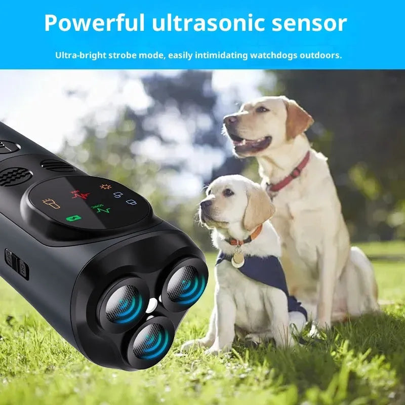 Handheld ultrasonic three-head dog repellent bark stopper with light in orange plastic casing