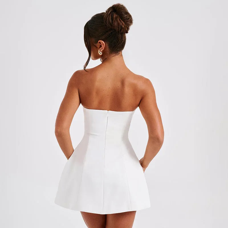 Women's solid colour backless tube dress with A-line skirt and high waist styling