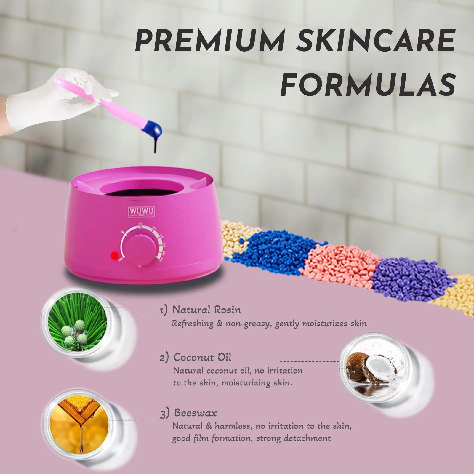Professional waxing kit with wax beans, warmer, applicators, and post-care products for sensitive skin hair removal