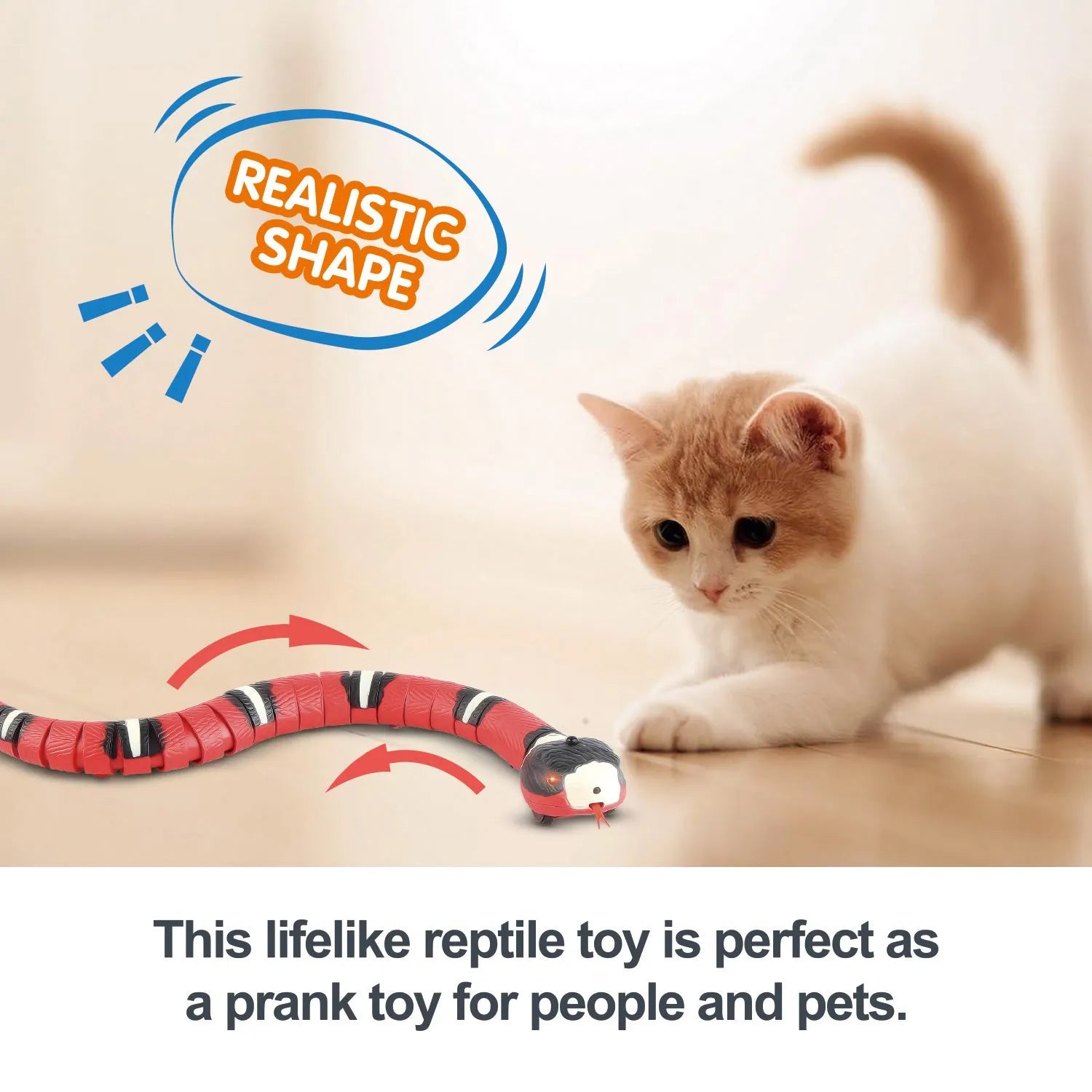 Smart sensing electronic snake cat toy with realistic plastic body on floor