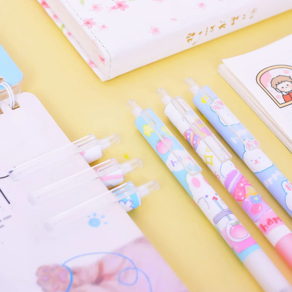 Six cartoon bunny design gel pens with 0.5mm tips and black ink displayed together