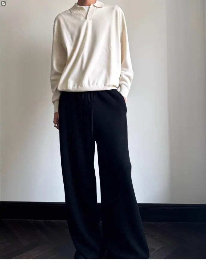 Men's pure wool polo sweater with lapel collar in milky white colour