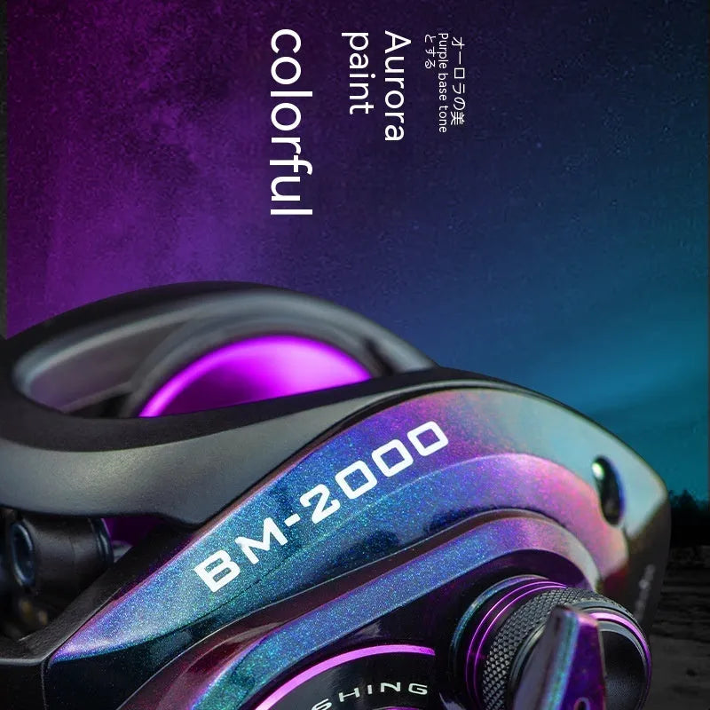 BM2000 model fishing reel with magnetic brake system shown in left-hand and right-hand versions.