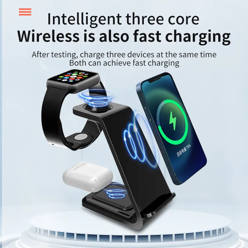 White 3-in-1 upright wireless phone charger with dual coil technology and Type-C cable