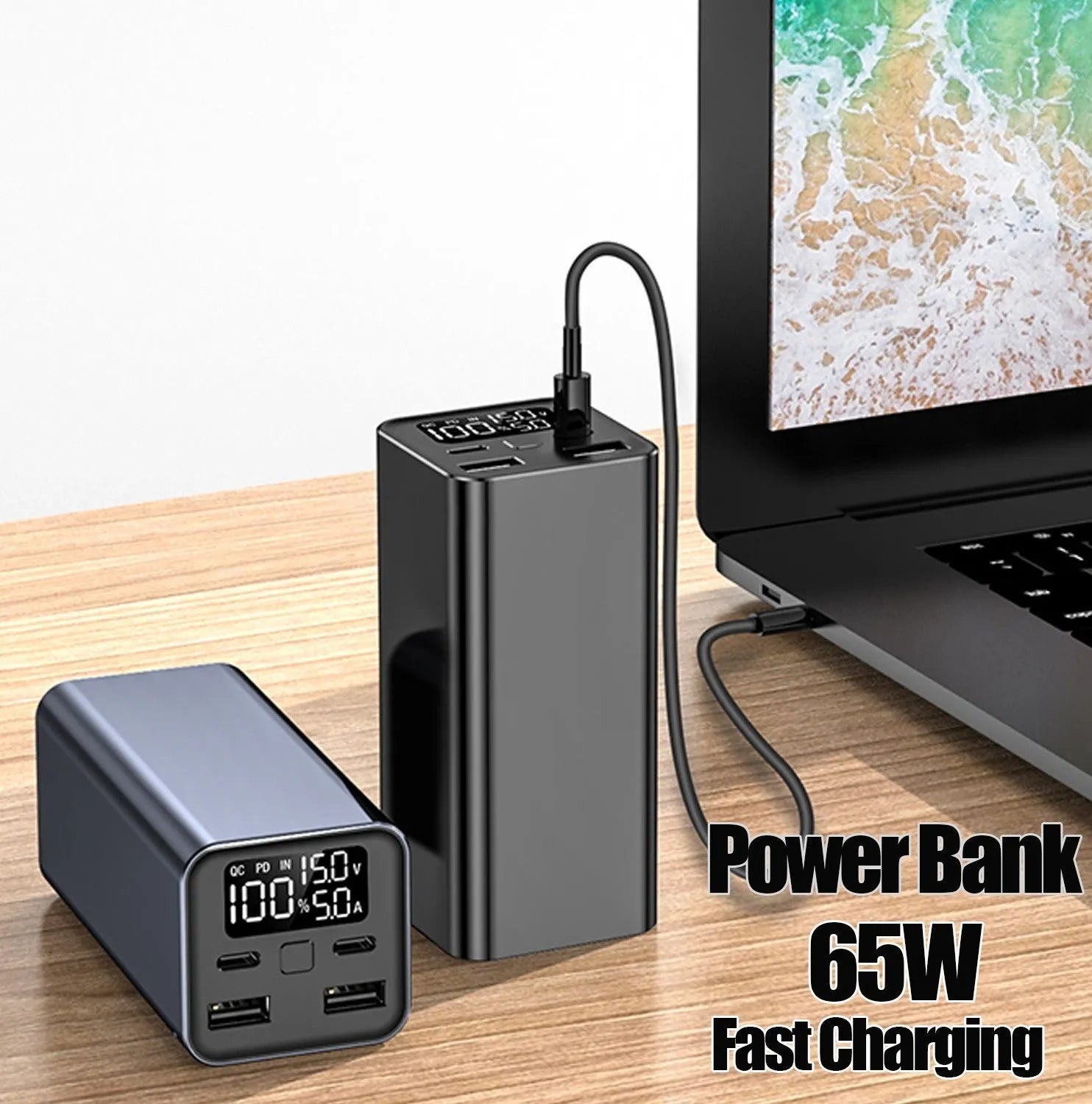 65W 20000mAh metal laptop charging bank in black, blue or grey colours showing compact dimensions