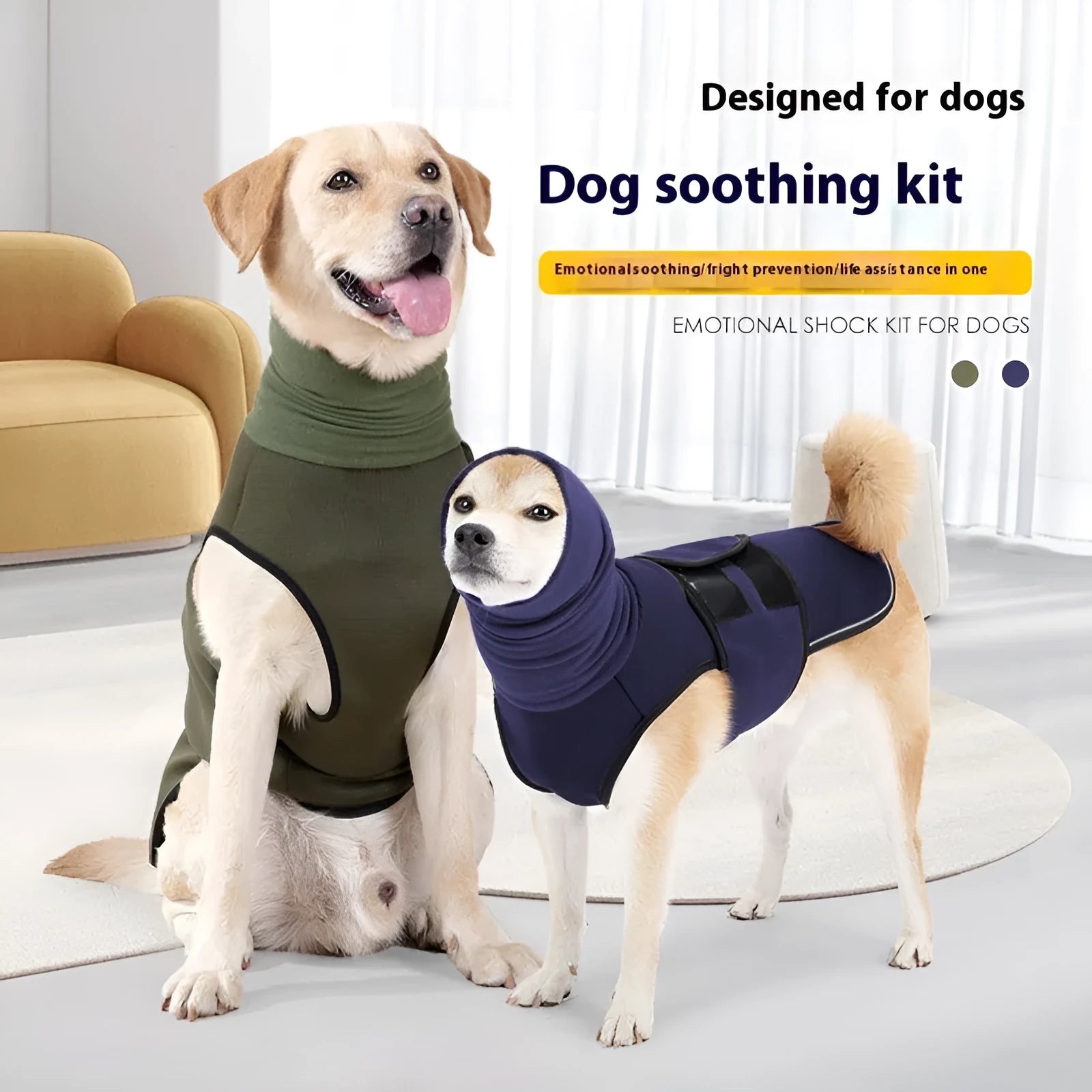 Army Green polyester dog anxiety jacket shown on a medium-sized dog.