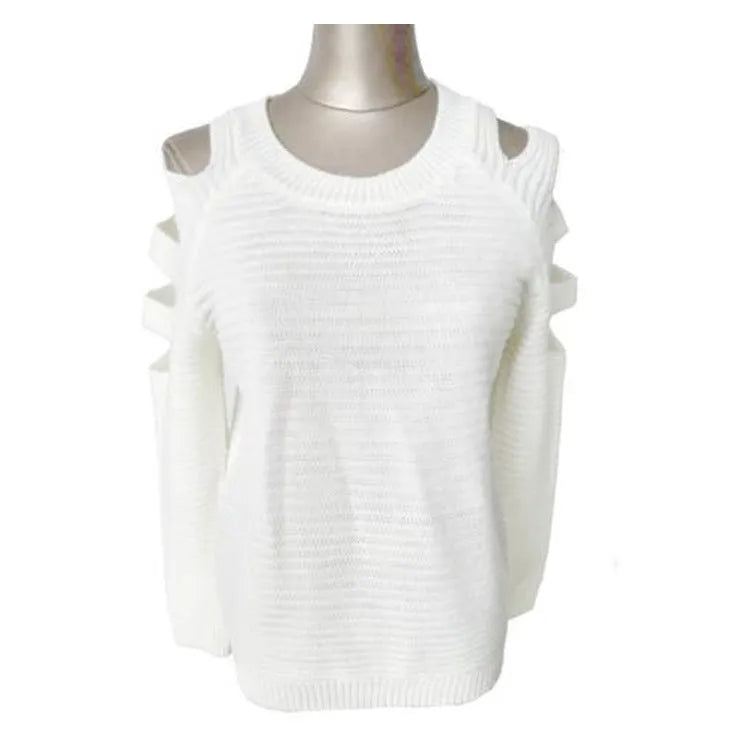 Women's grey rabbit fur hollow-out knitted long sleeve pullover shirt on a hanger.