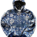 Man wearing a loose blue zip-up hooded coat for casual autumn wear.