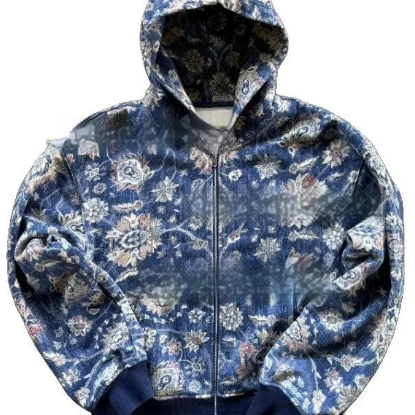 Man wearing a loose blue zip-up hooded coat for casual autumn wear.