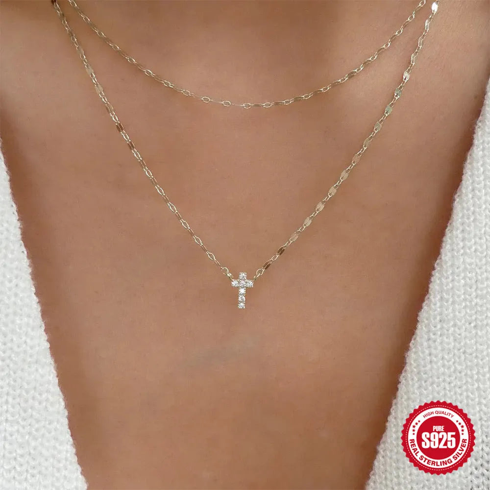 Sterling silver double layer cross pendant necklace with clavicle chain in gold or white gold plating