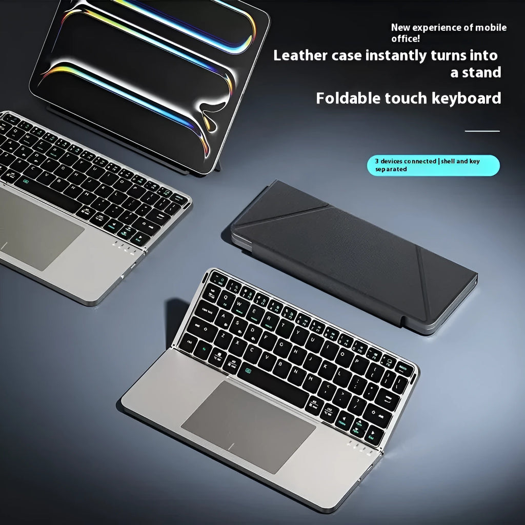 Grey folding Bluetooth wireless keyboard for phones and tablets shown folded and unfolded