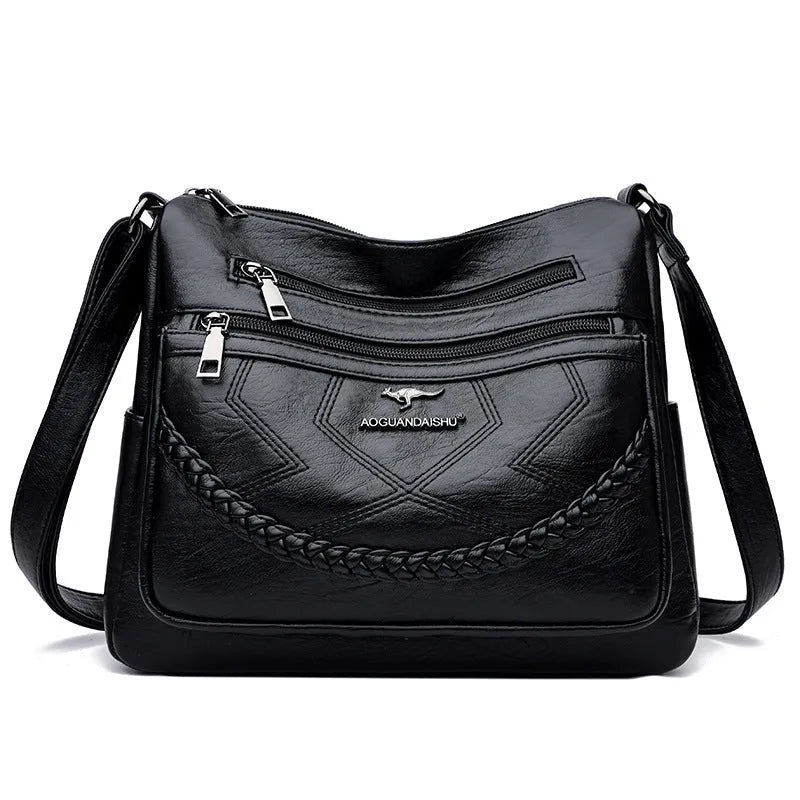 Women's soft PU leather crossbody shoulder bag in horizontal square shape with sandwich pocket