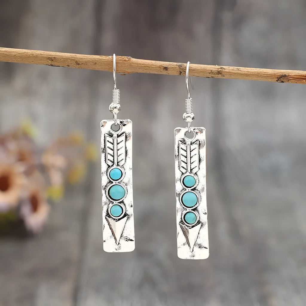 Silver geometric earrings with long strip design and turquoise inlay for women