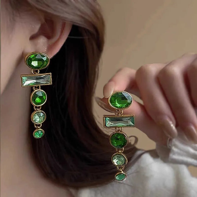 Green gradient retro earrings with geometric Chinese design and zircon inlay