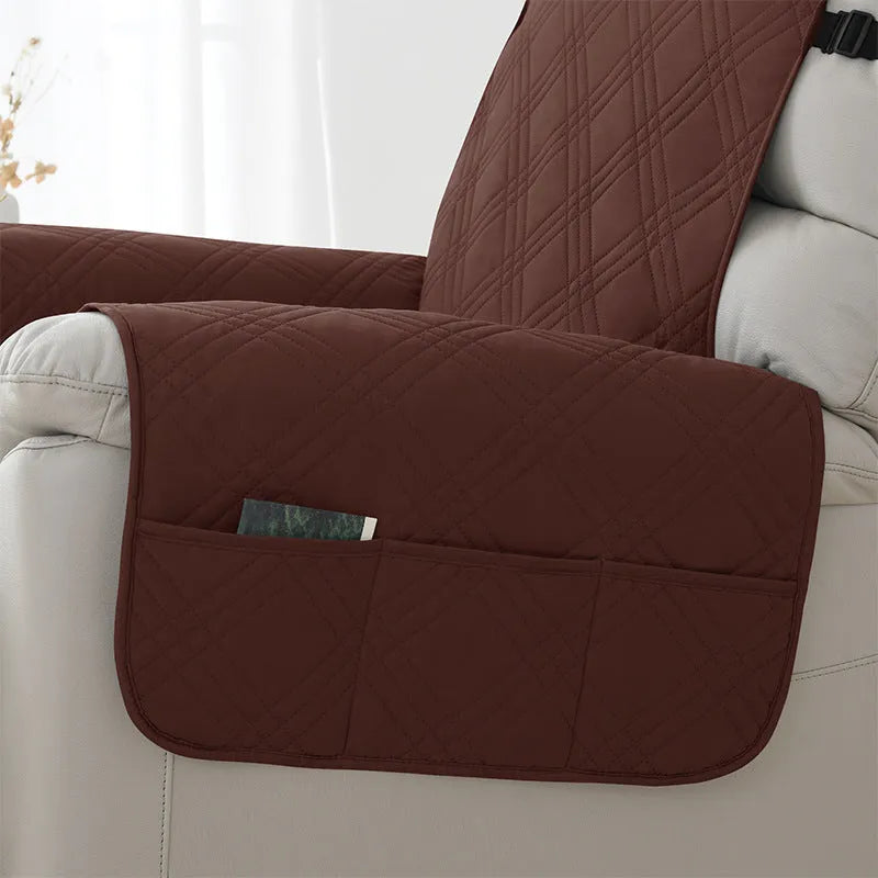 Quilted burgundy polyester spandex cover on a Chivas massage chair.