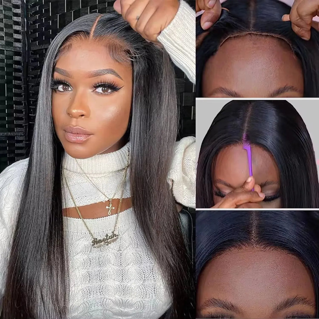 Glueless human hair straight wig with optional side bangs shown in natural style
