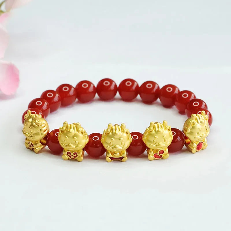 Red agate bracelet with carved Chinese dragon pattern on 8mm beads