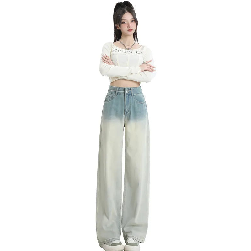 Women's gradient blue straight-leg denim trousers with wide leg design on 100% cotton fabric