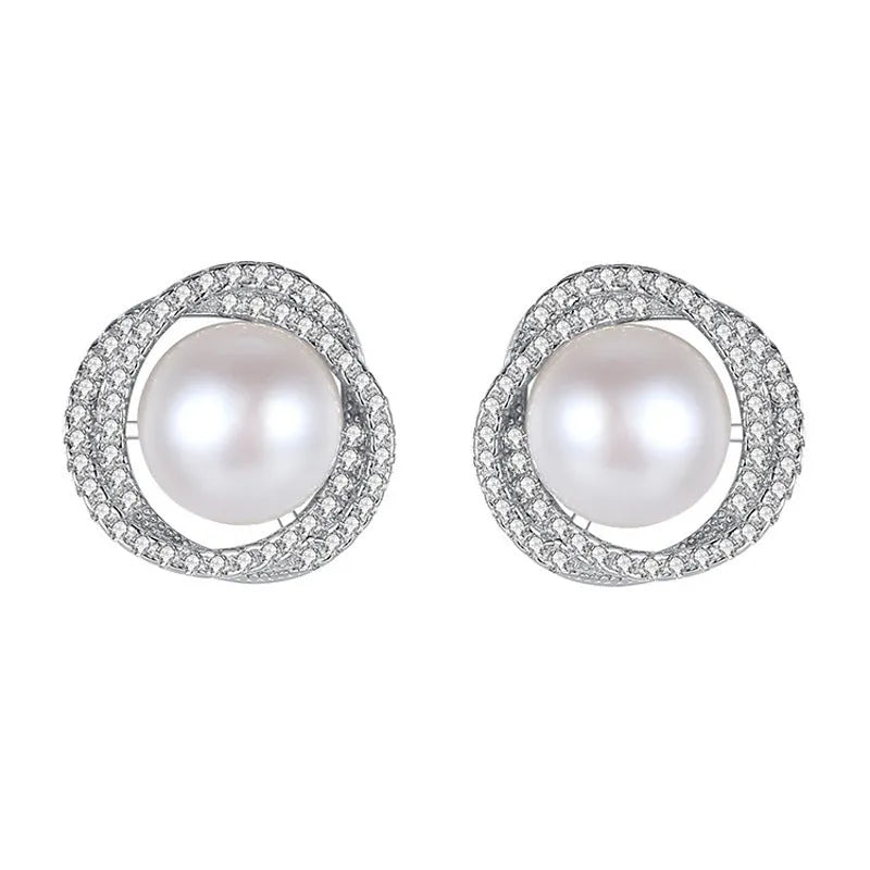 Diamond rose pearl stud earrings in white gold colour with rhinestone inlay on copper base