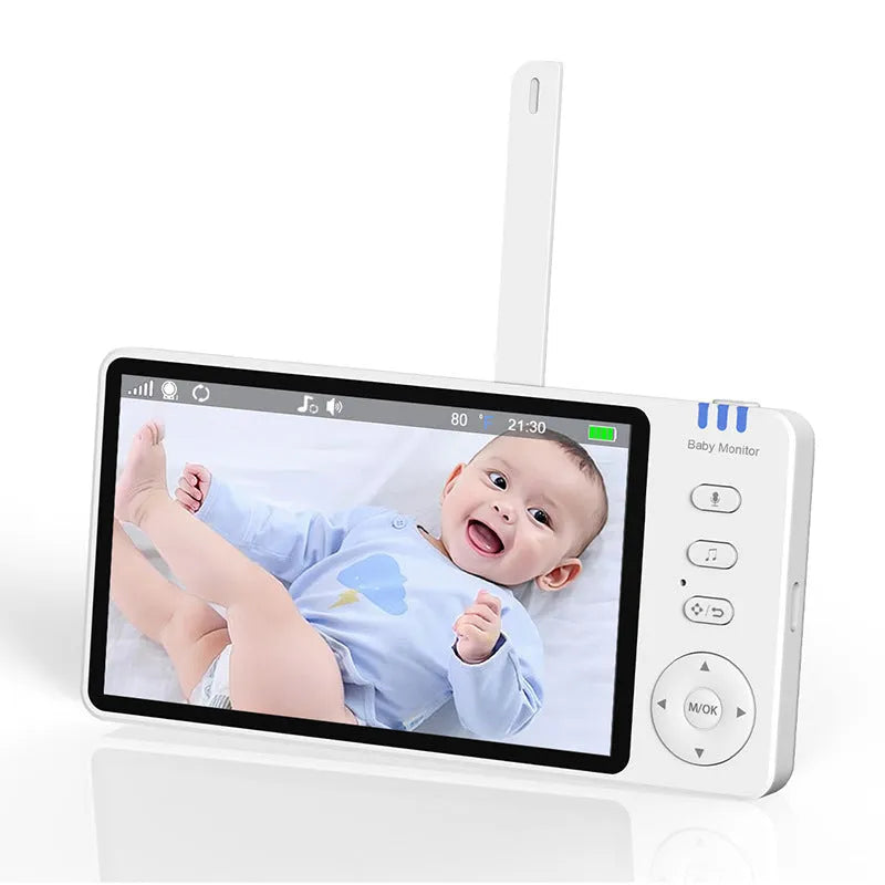 White HD wireless baby monitor with 5-inch screen and separate camera on a nursery shelf.