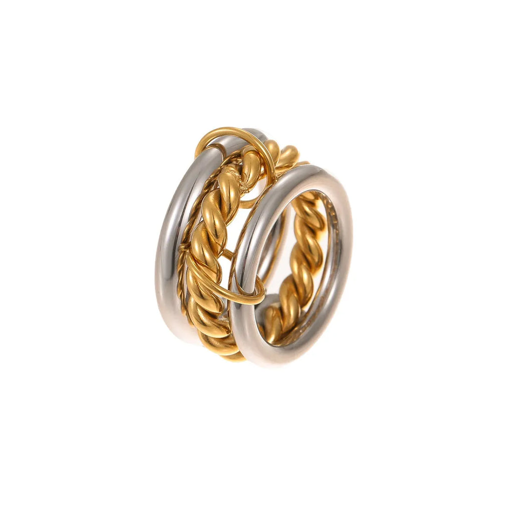 Stacked colour matching stainless steel ring with 18K gold plating and exaggerated design