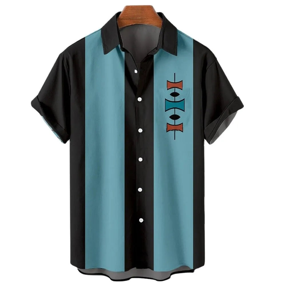 Men's striped Hawaiian casual shirt with button front and short sleeves in elastic band fabric