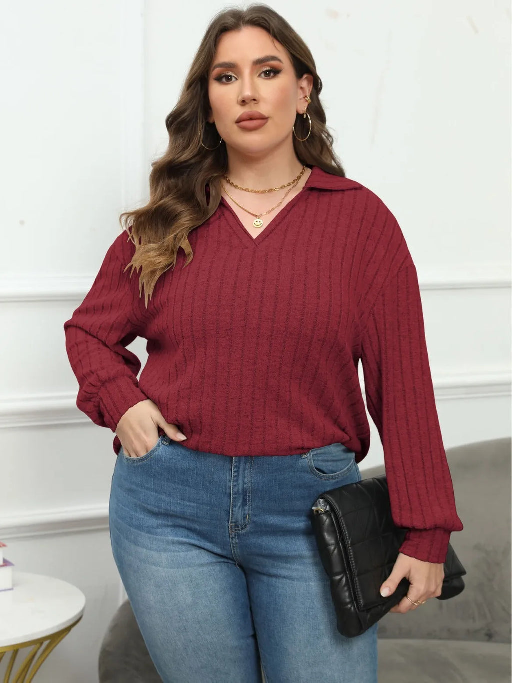 Women's plus size gray polo collar pullover with lantern sleeves in Gothic street fashion style