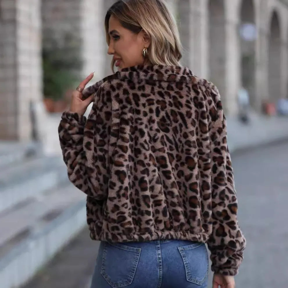 Women's leopard print rabbit fur plush winter coat with zip front and raglan sleeves
