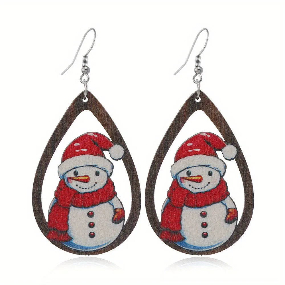 Geometric wooden Christmas earrings with Santa Claus printed designs