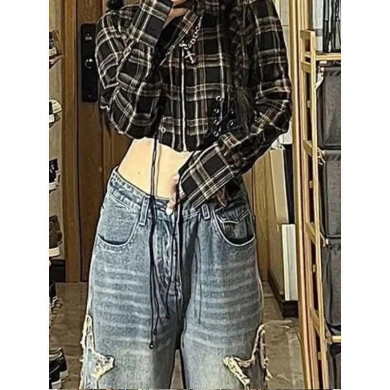 Blue cotton high-waist wide-leg denim trousers in straight cut style