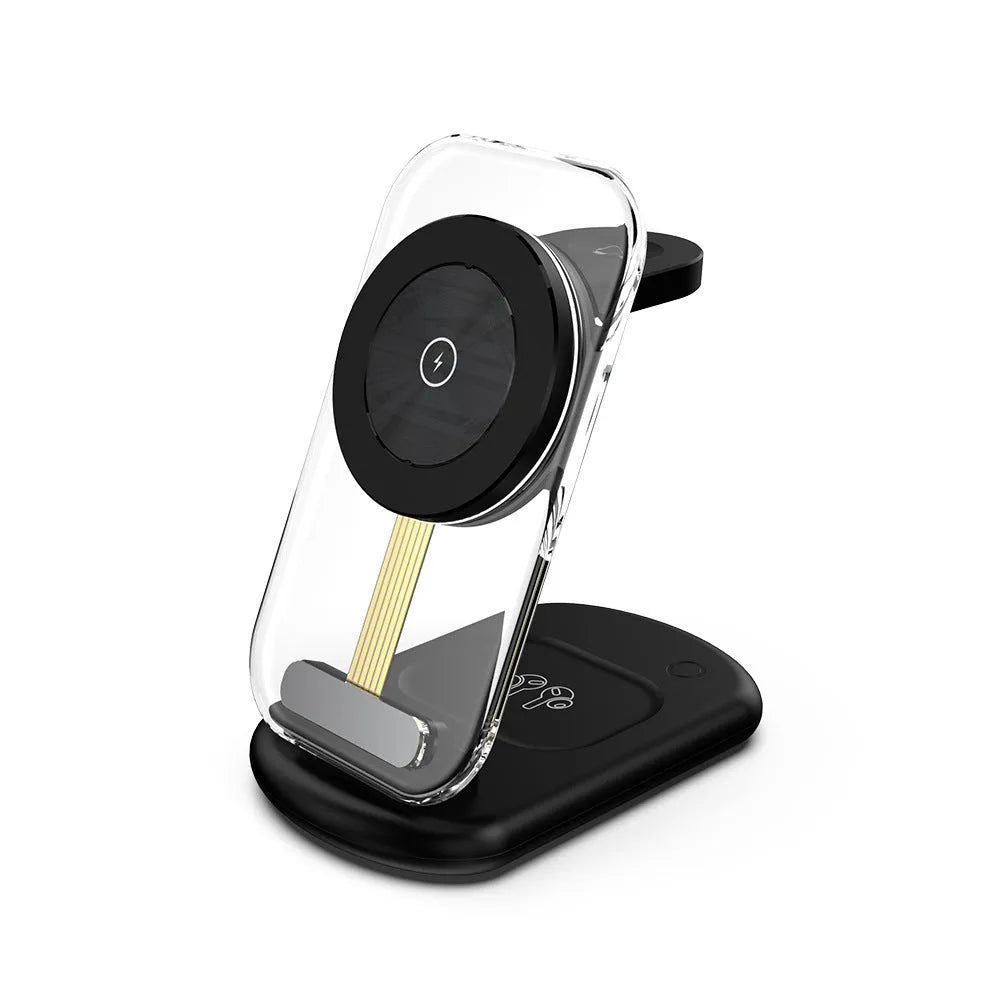 Transparent folding magnetic wireless charger showing internal components with black and white colour options