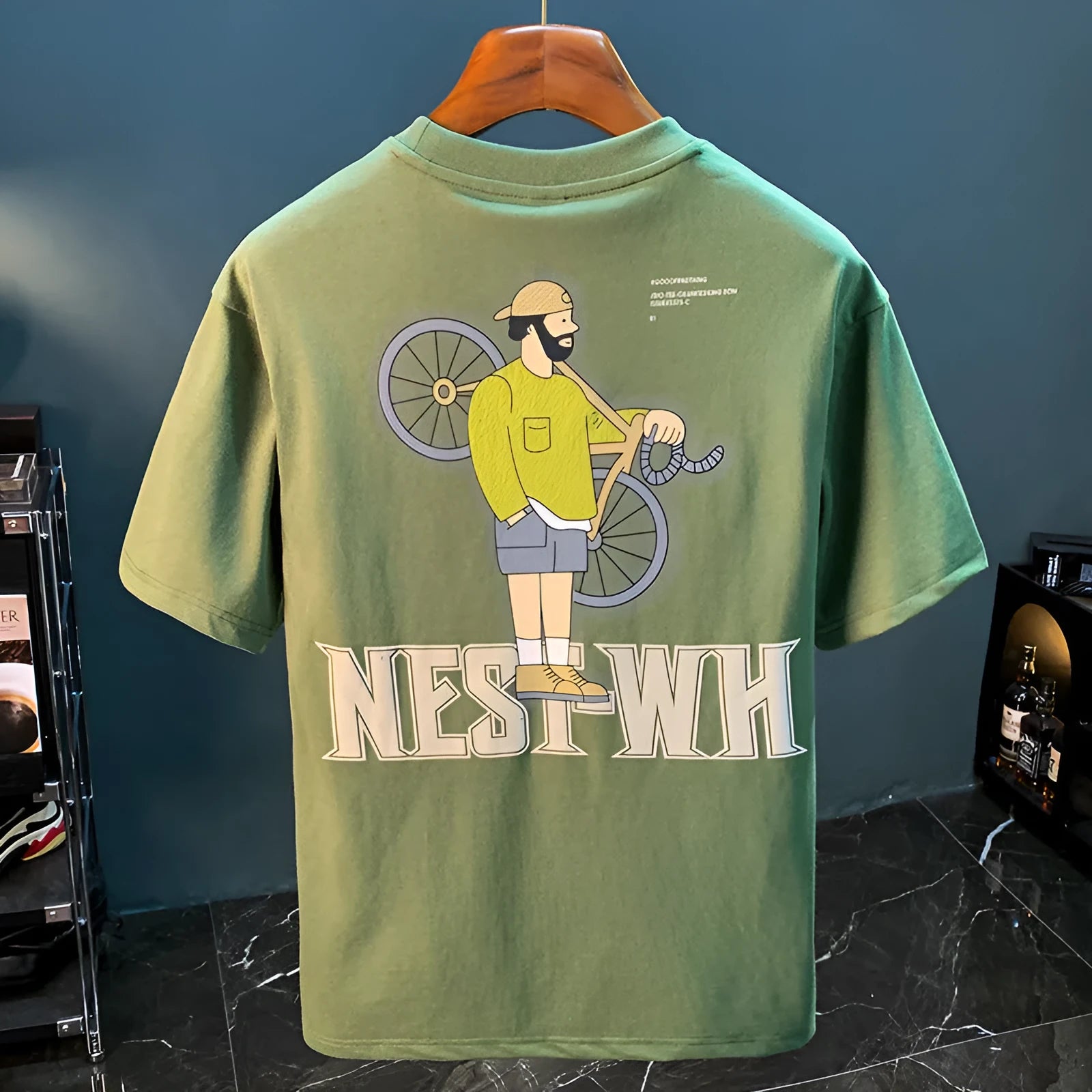 Green men's loose fit t-shirt with literary youth print and short sleeves for sports wear