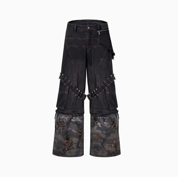 Grey men's jeans with camouflage pattern and ribbon splicing details on cotton denim.