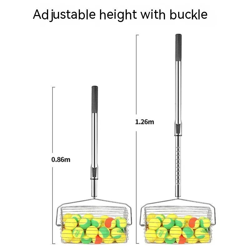 Stainless steel adjustable roller tennis ball picker on a court surface.
