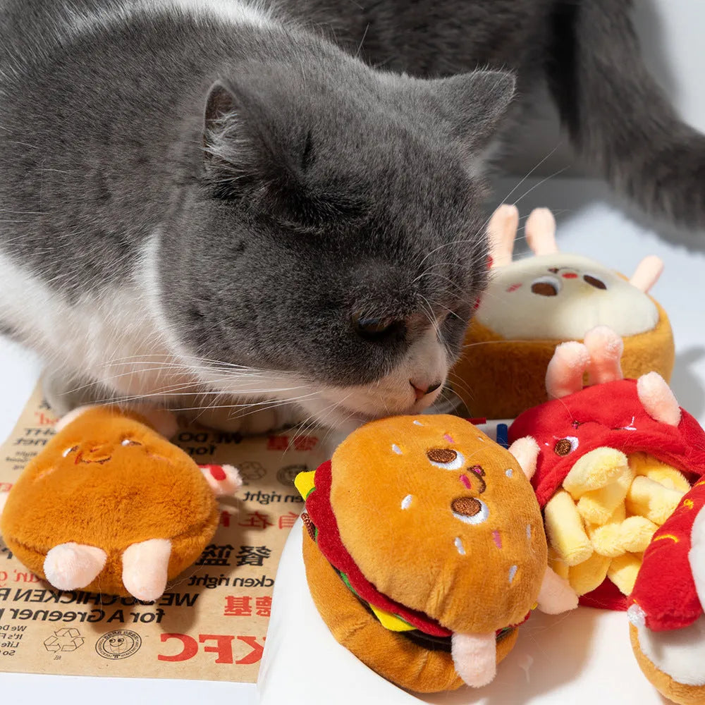 Set of five cat teething toys shaped like hamburger, chicken leg, fries, bread and hot dog