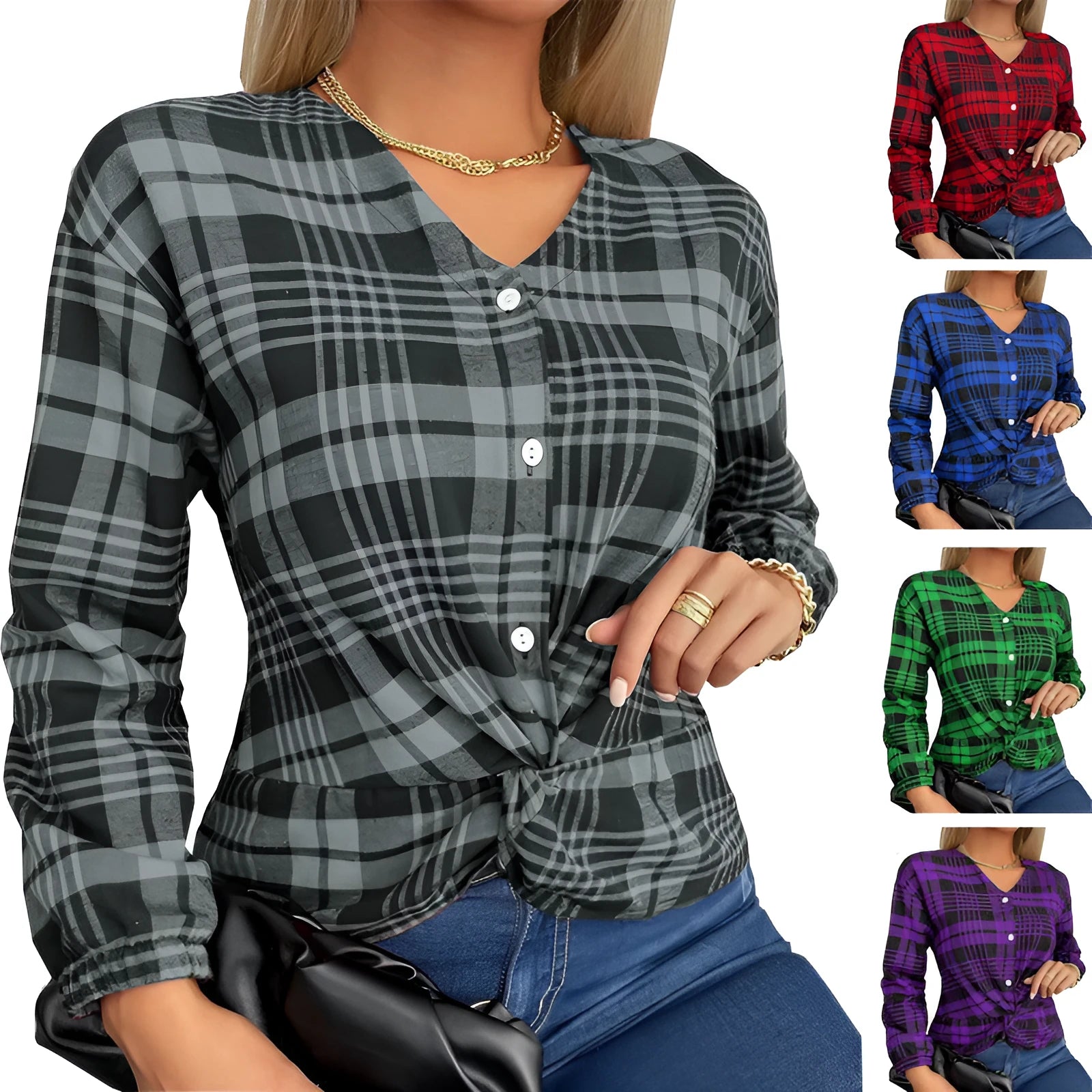 Women's loose-fit plaid casual shirt in purple, available in sizes S to 3XL.