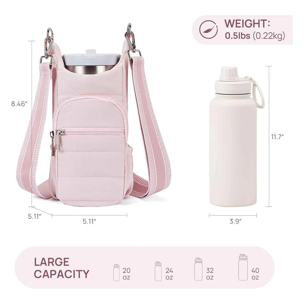 A modern simplicity style cloth water bottle bag for bicycles in a choice of black, pink or beige.