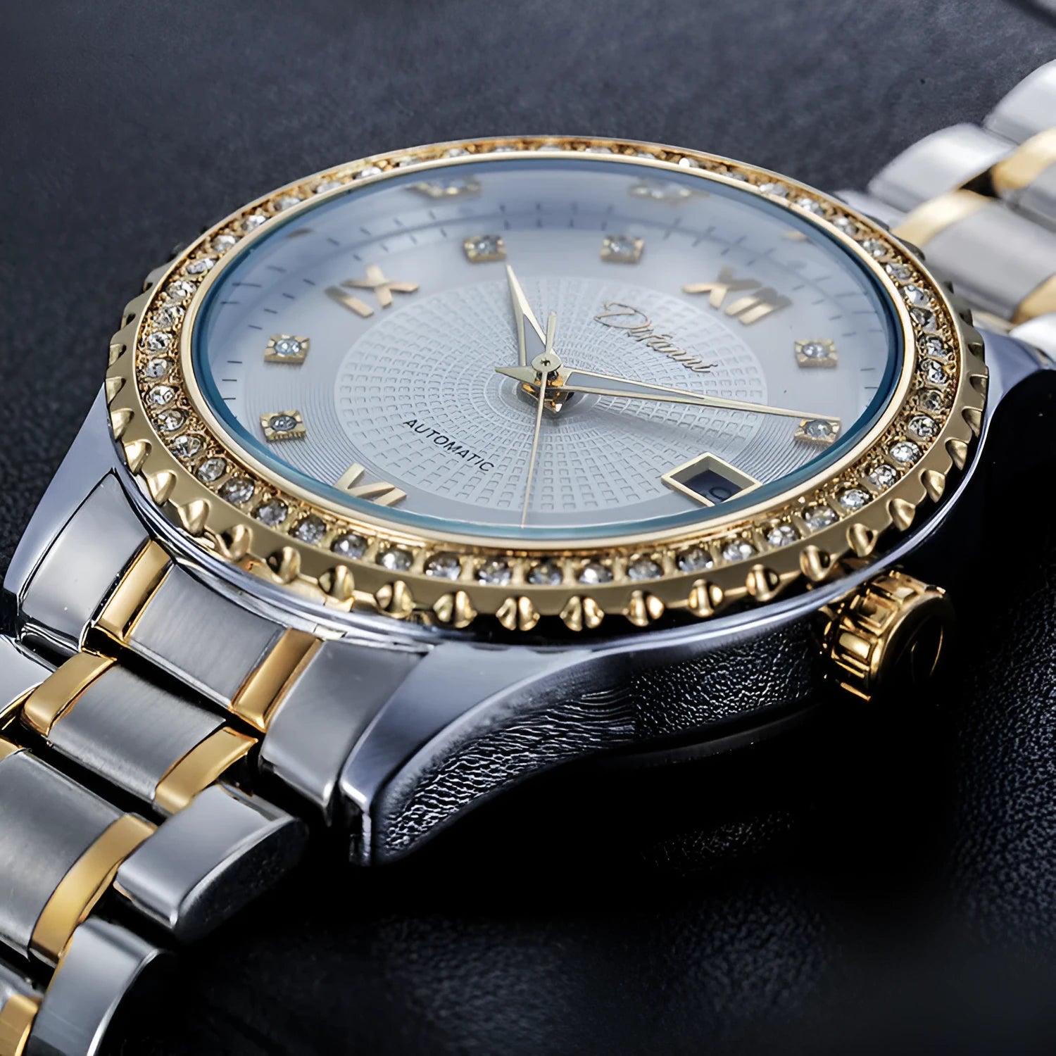 Men's automatic mechanical watch with luminous hands, waterproof construction, and gold case