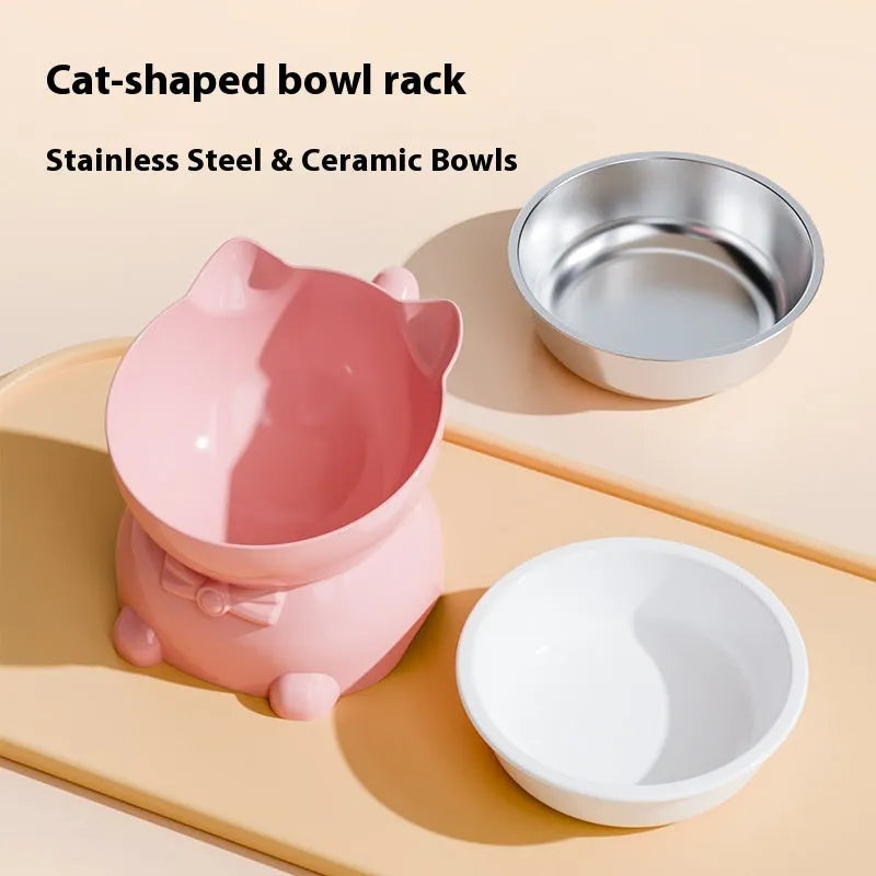 Stainless steel oblique cat bowl with non-slip base in black, blue, pink, or yellow.
