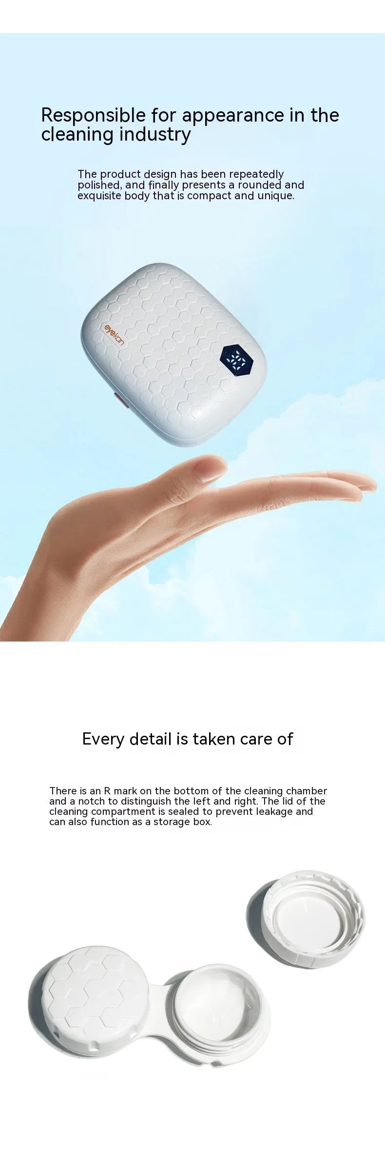 Automatic ultrasonic glasses cleaning machine in pearl white, blue, or pink colours showing compact 85x65x30mm dimensions