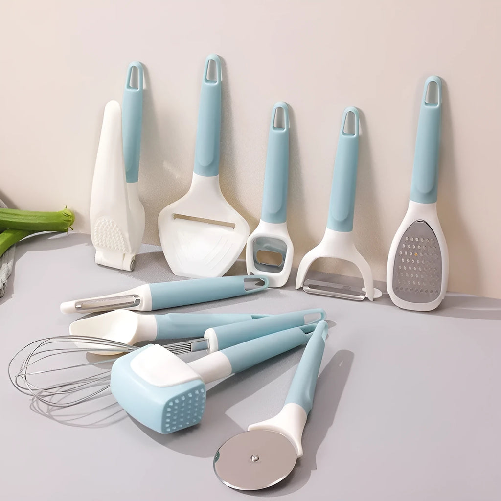 Set of 10 kitchen gadgets with PP handles and stainless steel parts including cheese scraper and meat tenderizer on a plain background